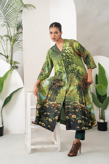 Shades Of Green Silk Chanderi Front Open Nature Inspired Printed Dress (1 PC)