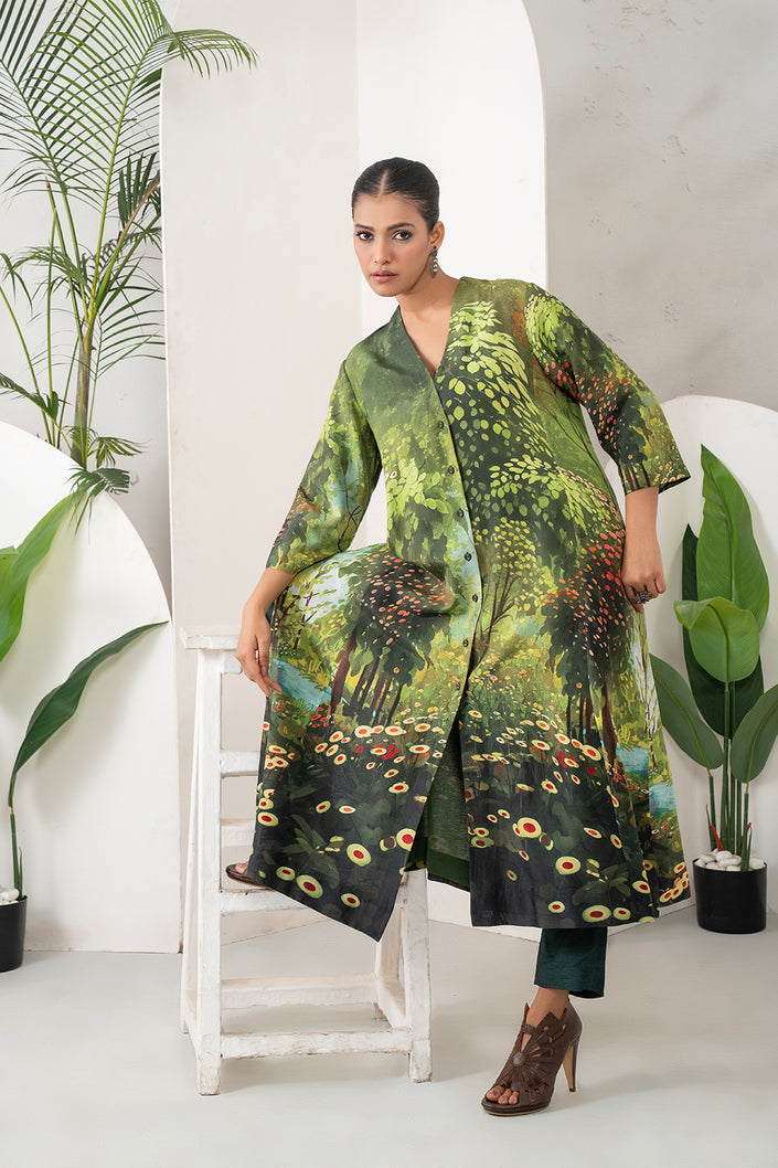 Shades Of Green Silk Chanderi Front Open Nature Inspired Printed Dress (1 PC)