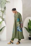 Leaf Green Silk Chanderi Front-Pleated Striking Peacock And Bird Printed Dress (1 PC)