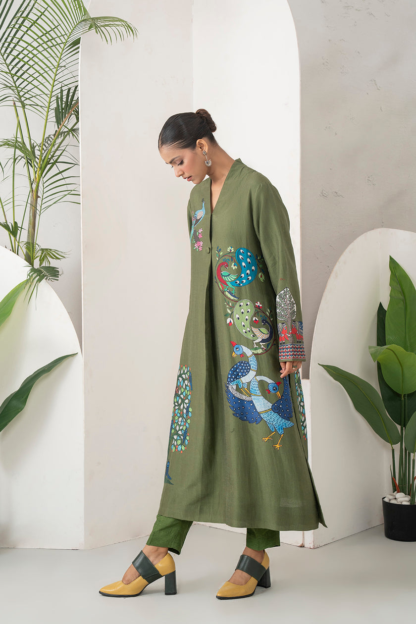 Leaf Green Silk Chanderi Front-Pleated Striking Peacock And Bird Printed Dress (1 PC)