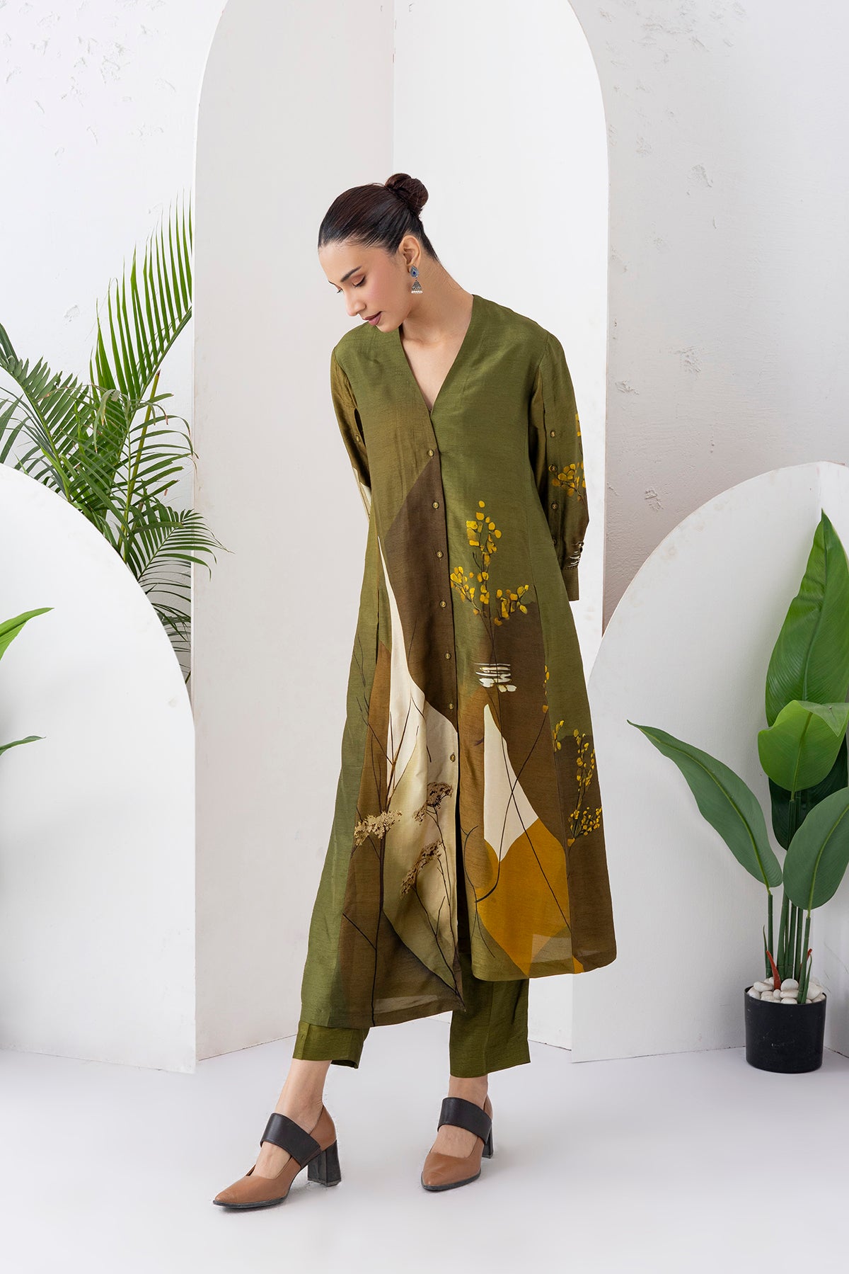 Moss Green Shaded Viscose Dupion Printed High-Low Dress (1 PC)