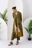 Moss Green Shaded Viscose Dupion Printed High-Low Dress (1 PC)