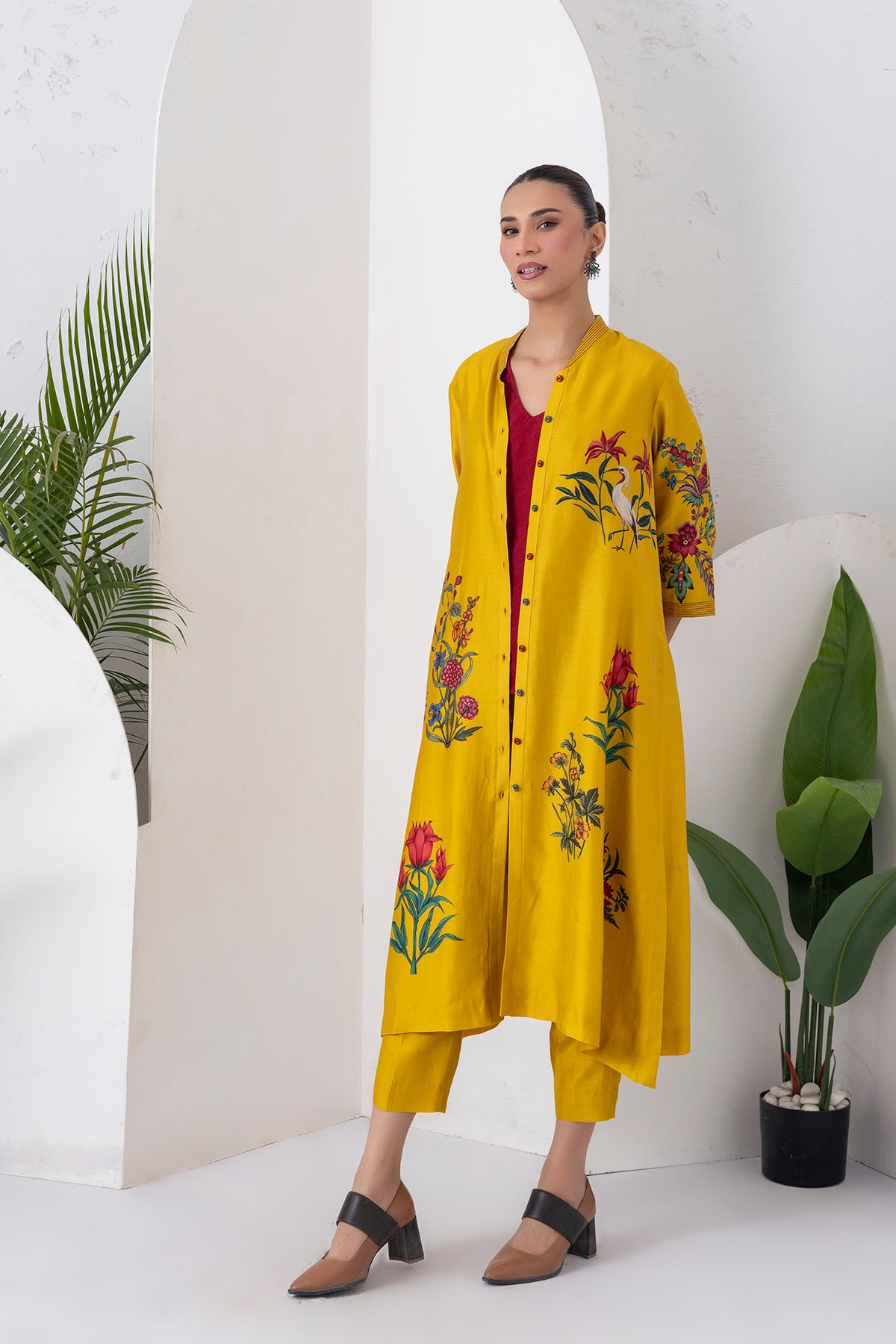 Yellow Silk Chanderi Floral Printed Front Open Dress (1 PC)