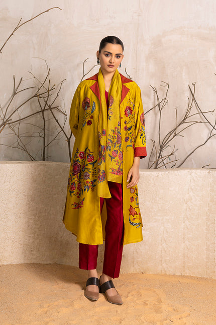 Yellow Silk Chanderi Chintz Printed Front Open Dress (1 PC)
