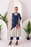 Blue & Ivory Silk Chanderi Printed Front Open Dress (1 PC)