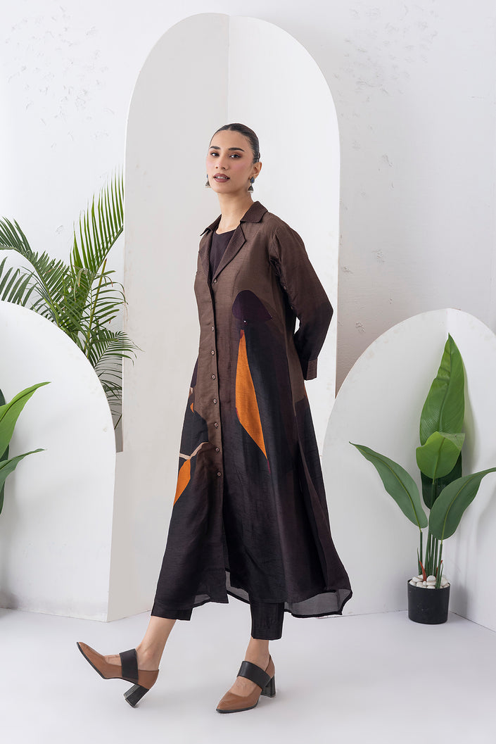 Shades Of Brown Viscose Dupion Printed Front Open Dress (1 PC)