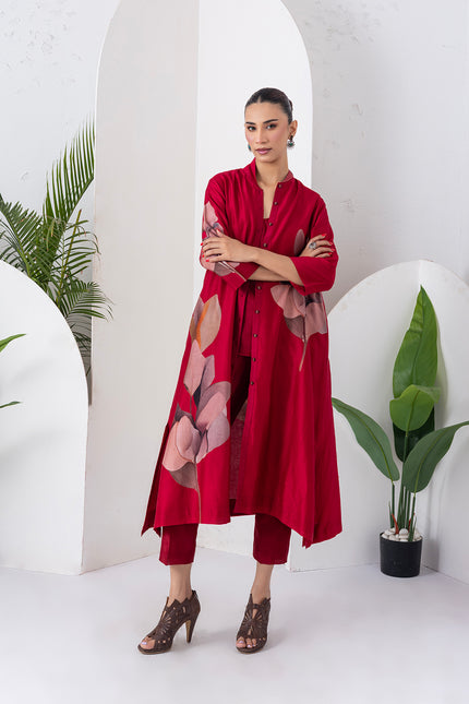 Maroon Silk Chanderi Leaf Printed Dress (1 PC)