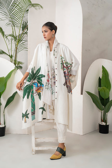 Ivory Silk Chanderi Elephant And Tropical Foliage Printed Kaftan (1 PC)