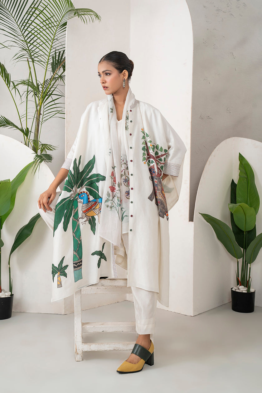 Ivory Silk Chanderi Elephant And Tropical Foliage Printed Kaftan (1 PC)