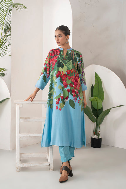 Sky Blue Silk Chanderi Berry And Leaf Illustration Printed Tunic (1 PC)