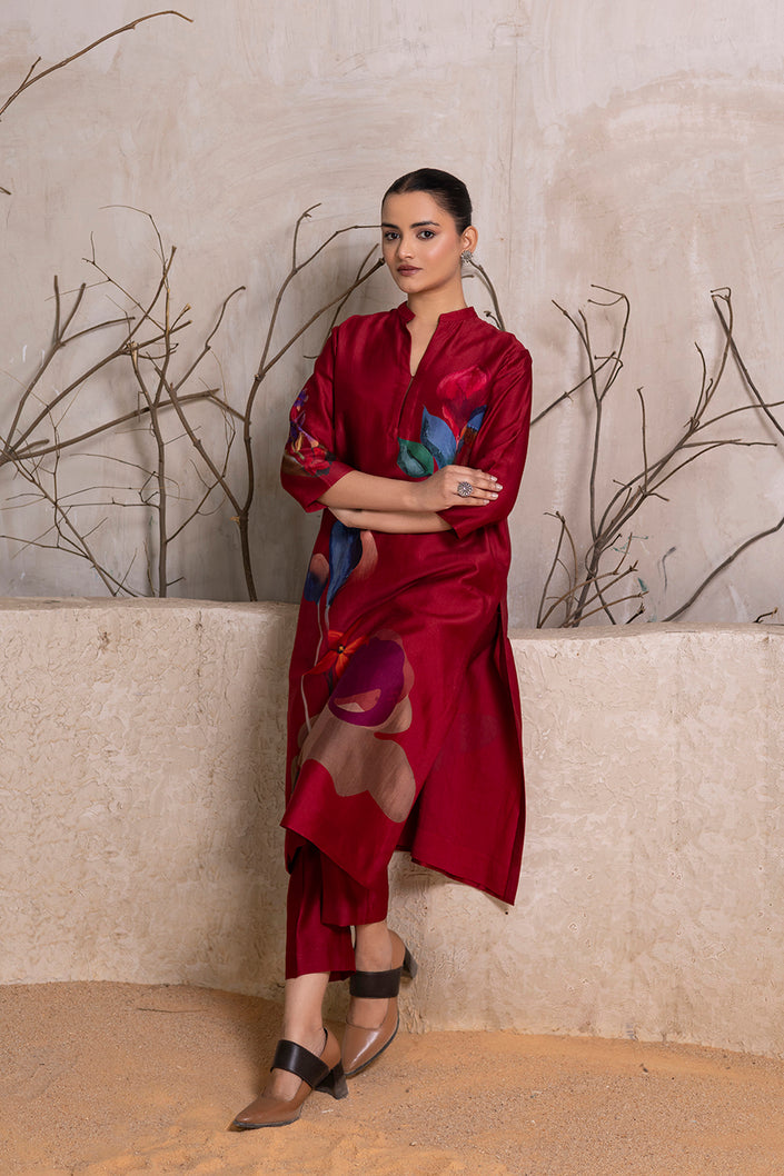 Red Silk Chanderi Printed Tunic (1 PC)