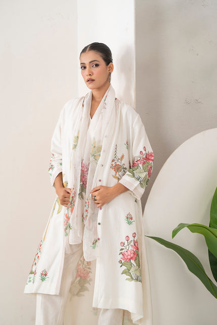 Ivory Thin Chanderi Miniature-Style Garden Printed Stole (1 PC)