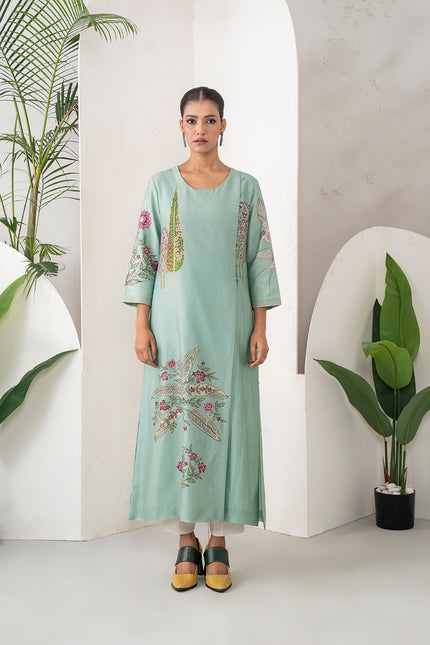 Mint Silk Chanderi Miniature Painting Inspired Printed Dress (1 PC)