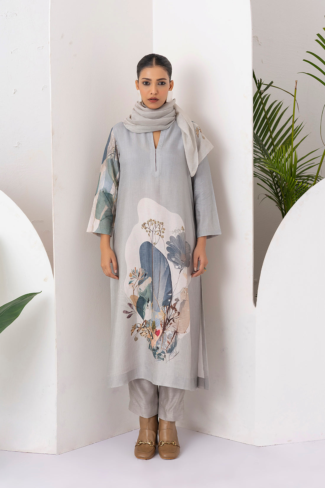 Grey Thin Chanderi Printed Stole (1 PC)