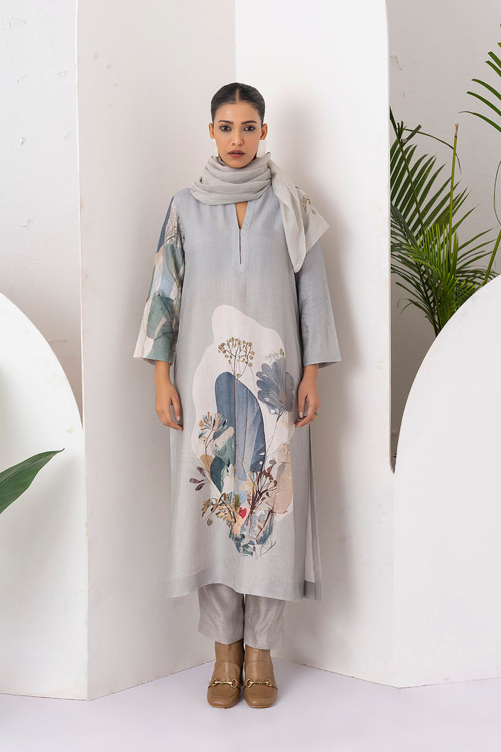 Grey Viscose Dupion Printed Tunic (1 PC)