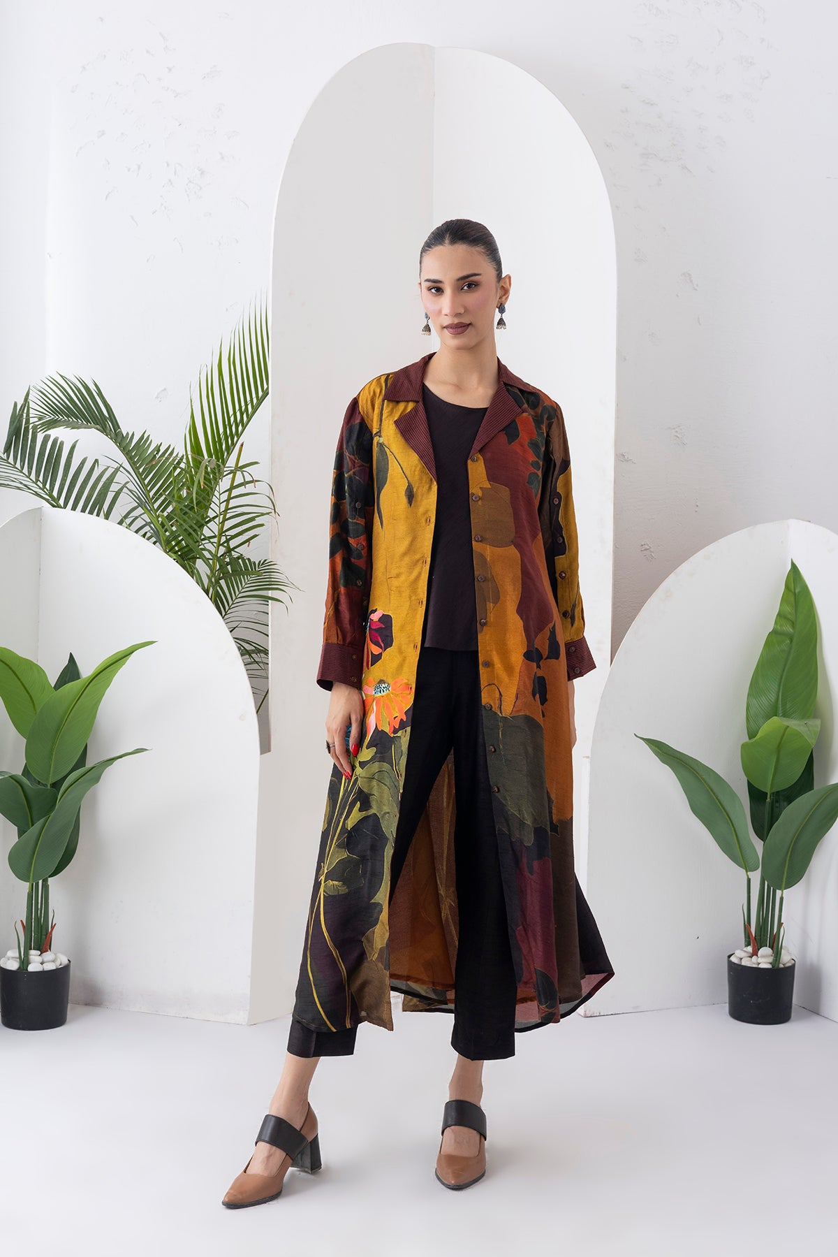 Mustard & Brown Viscose Dupion Printed Front Open Dress (1 PC)
