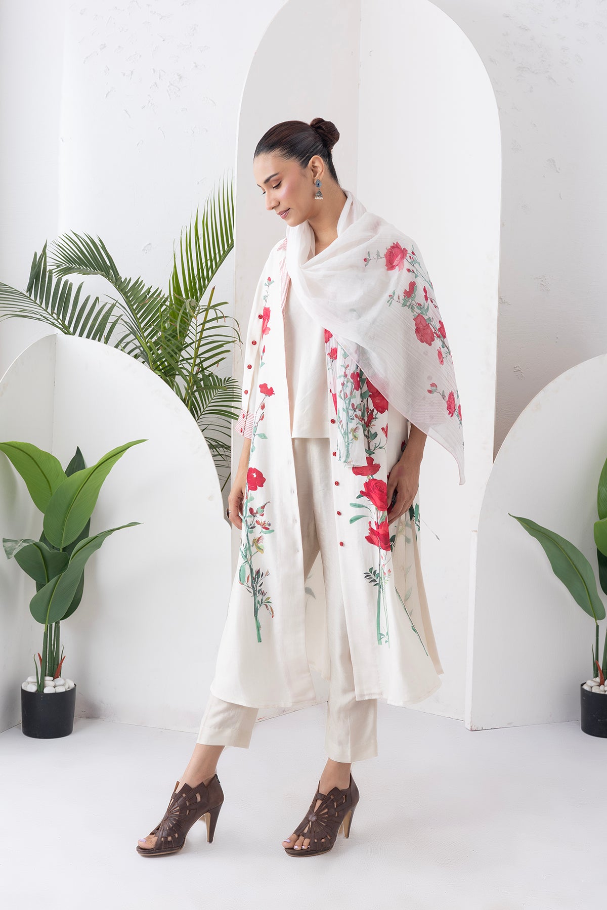 Ivory Silk Chanderi Front Open Printed Dress (1 PC)