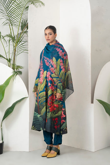 Indigo Silk Chanderi Front-Pleated Tropical Floral Illustration Printed Dress (1 PC)