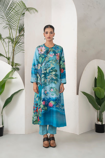 Sky Blue Silk Chanderi Lush Lotus Printed Tunic (1 PC)