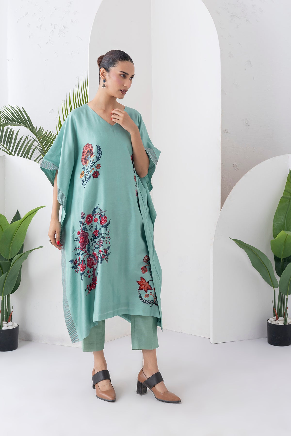 Mint Silk Chanderi Chintz Printed Kaftan (1 PC)