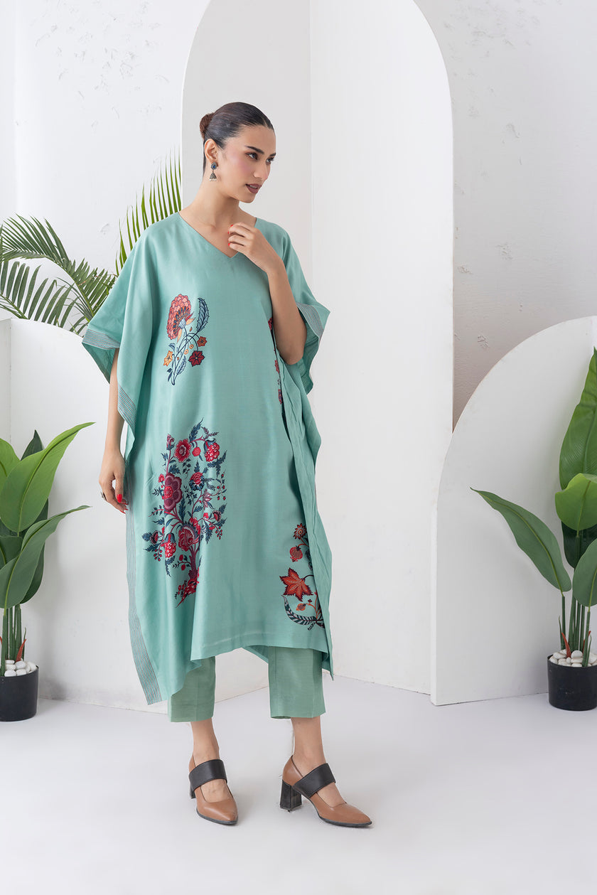 Mint Silk Chanderi Chintz Printed Kaftan (1 PC)
