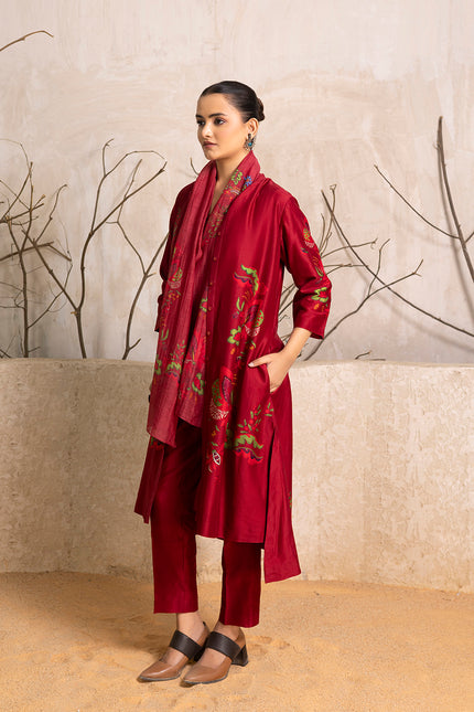 Red Silk Chanderi Printed Front Open Floral Dress (1 PC)