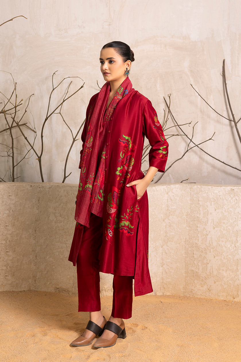 Red Silk Chanderi Printed Front Open Floral Dress (1 PC)