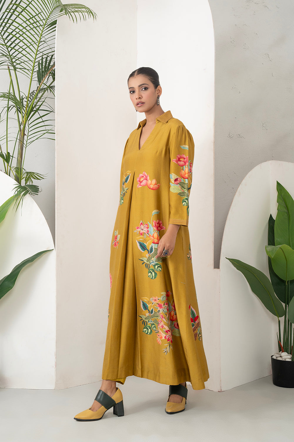 Mustard Silk Chanderi Front Pleat Detailed Colourful Floral Printed Dress (1 PC)