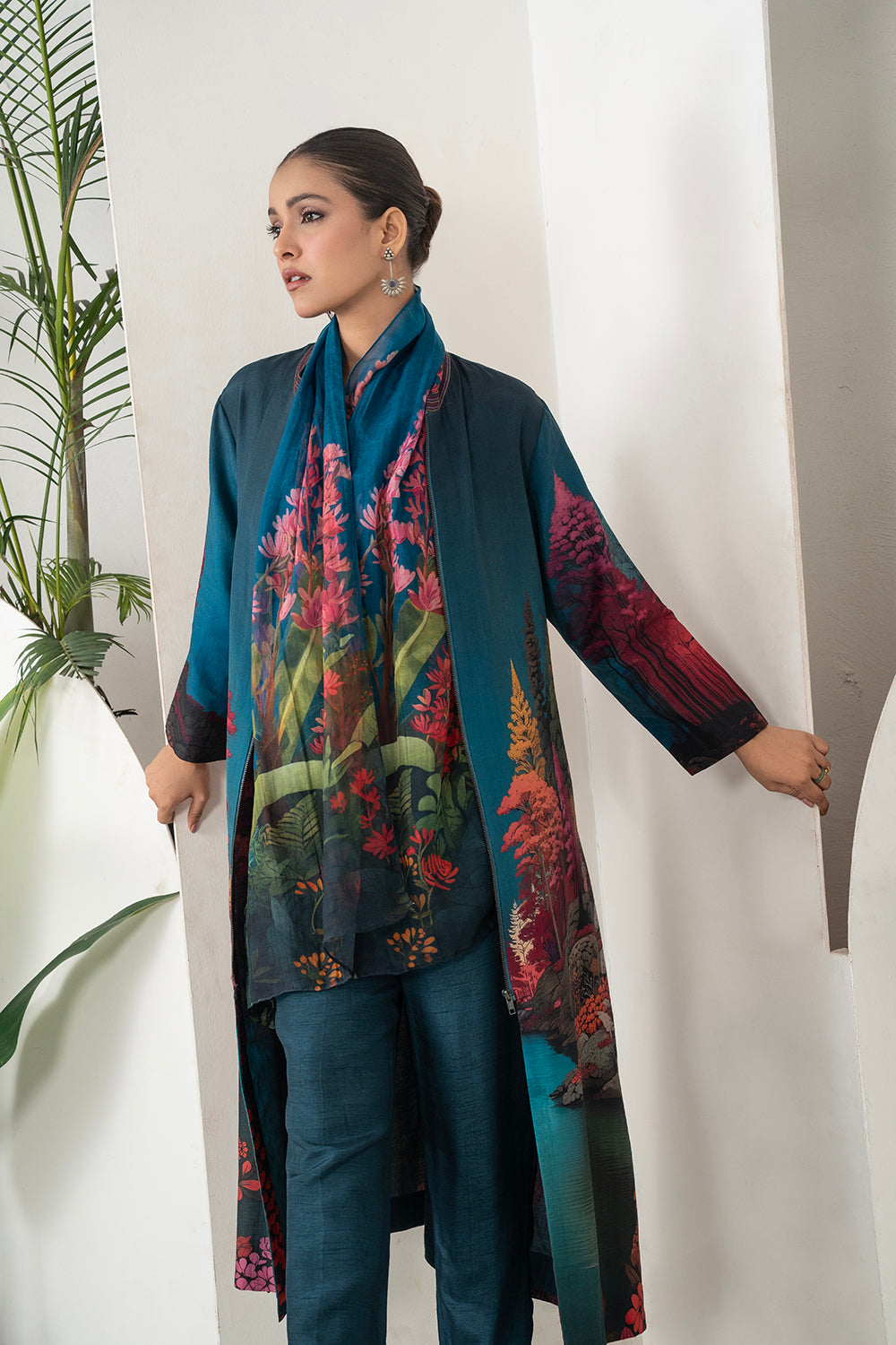 Deep Teal Fades Into Twilight Blue Silk Chanderi Forest Scene Printed Dress (1 PC)