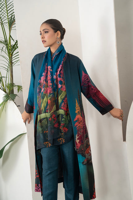 Deep Teal Fades Into Twilight Blue Silk Chanderi Forest Scene Printed Dress (1 PC)
