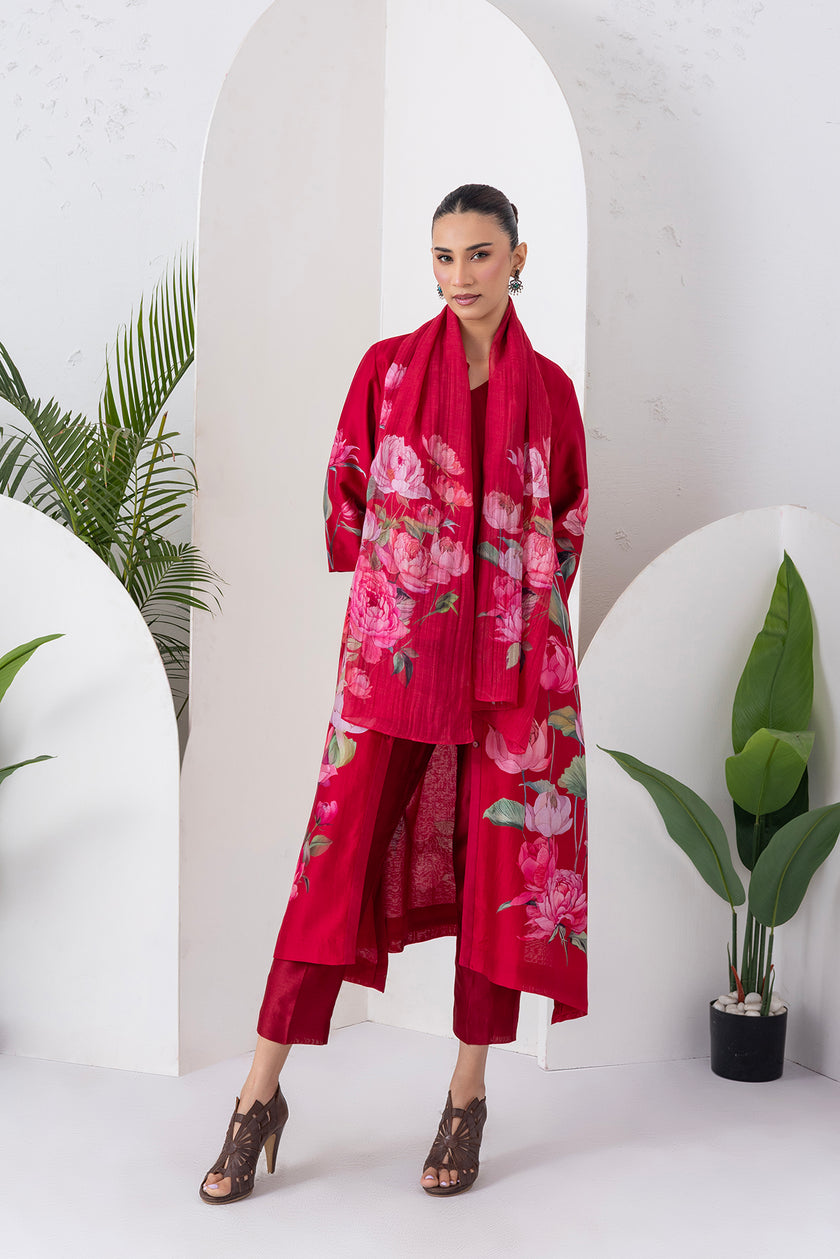 Maroon Silk Chanderi Printed Front Open Dress (1 PC)