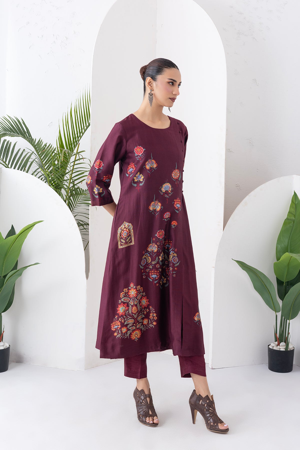 Chocolate Brown Silk Chanderi Printed Side Panel Dress (1 PC)