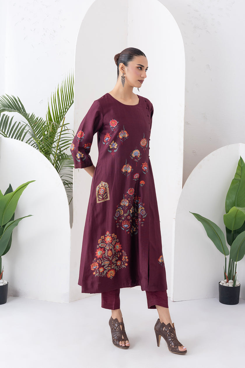 Chocolate Brown Silk Chanderi Printed Side Panel Dress (1 PC)