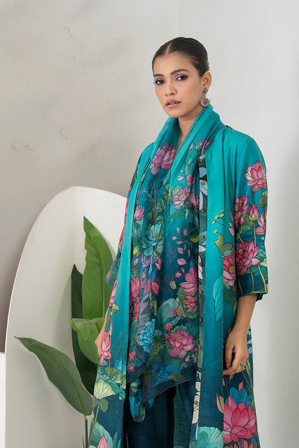 Aqua Fades Into Deep Blue Thin Chanderi Lush Lotus Printed Stole (1 PC)