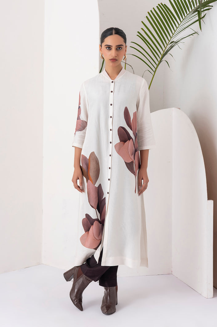 Ivory Viscose Dupion Leaf Printed Dress (1 PC)