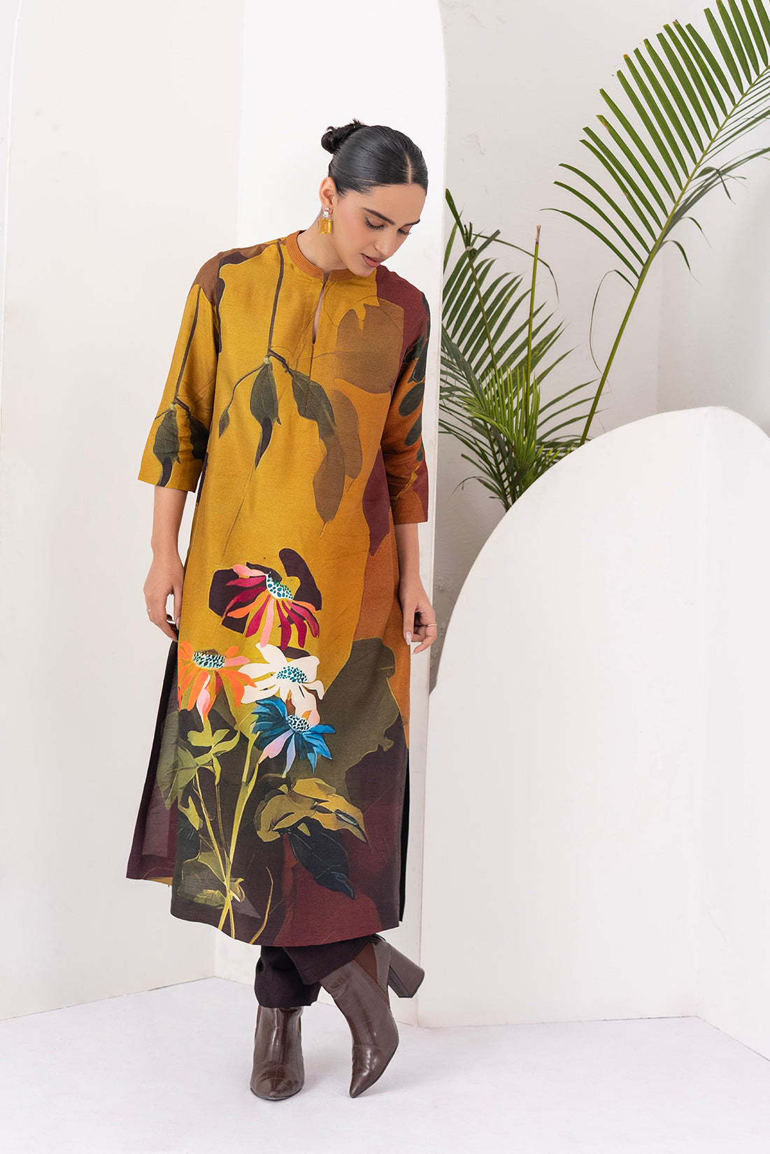 Mustard & Brown Viscose Dupion Printed Tunic (1 PC)