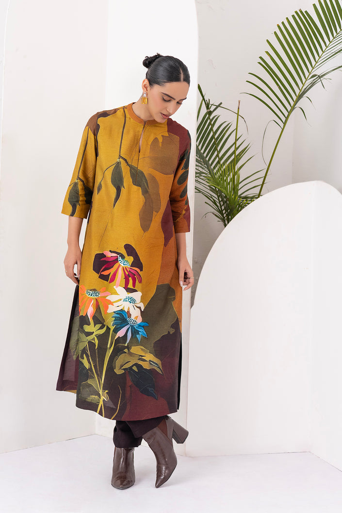 Mustard & Brown Viscose Dupion Printed Tunic (1 PC)