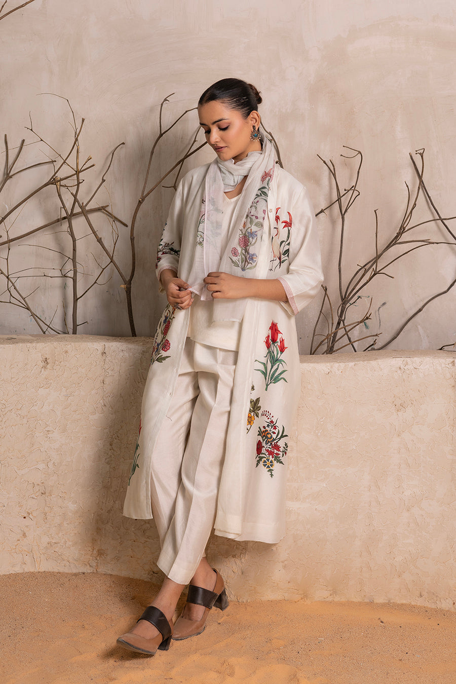 Ivory Silk Chanderi Floral Printed Front Open Dress (1 PC)