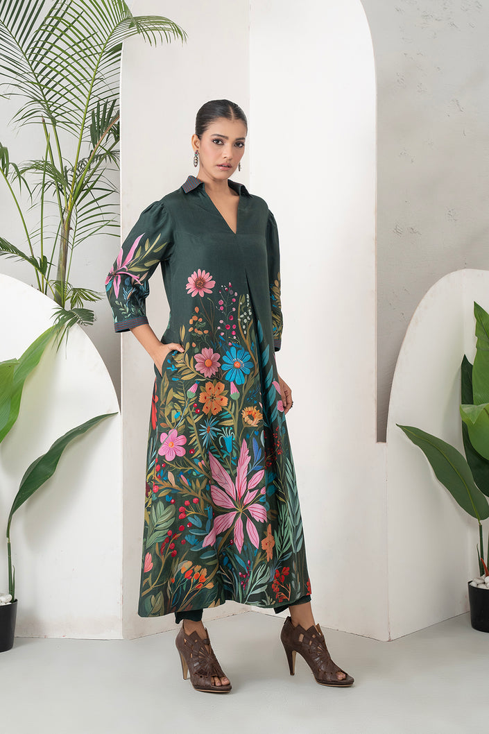 Dark Green Silk Chanderi Vibrant Multicolour Floral Printed Dress (1 PC)