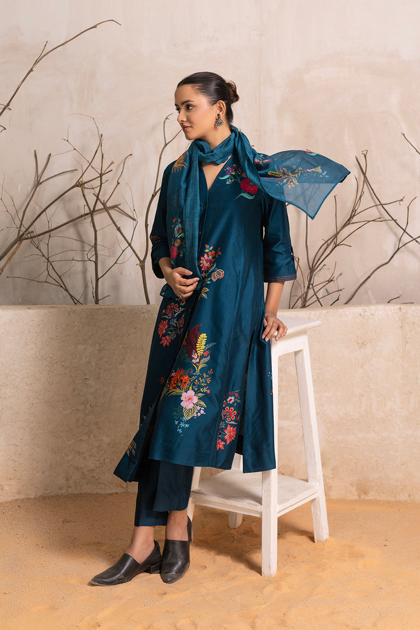 Indigo Silk Chanderi Printed High-Low Dress (1 PC)