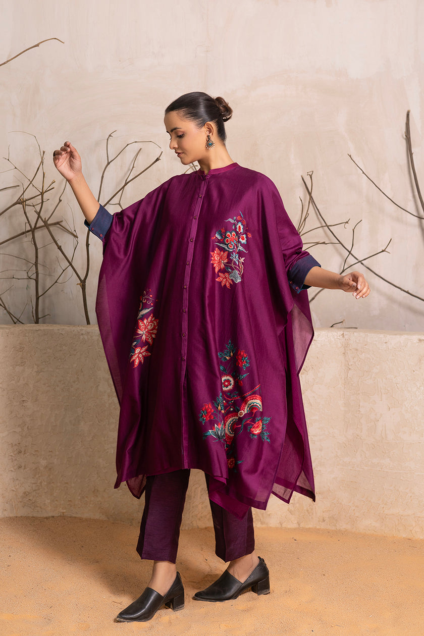 Wine Silk Chanderi Printed Kaftan Style Dress (1 PC)