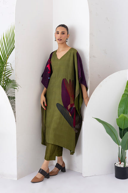 Leaf Green Viscose Dupion Printed Kaftan (1 PC)