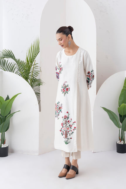 Ivory Silk Chanderi Floral Boota Printed Dress (1 PC)