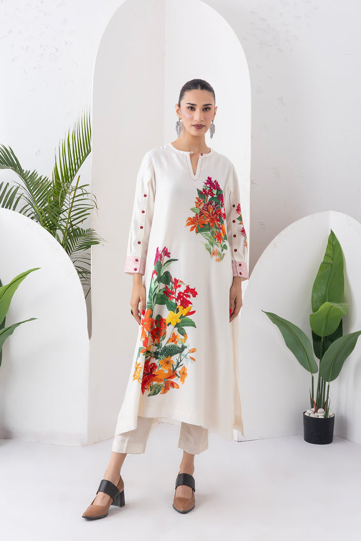 Ivory Silk Chanderi Tunic With Artistic Floral Placement Prints (1 PC)