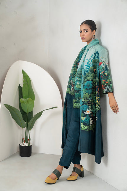 Blue Fades Gently From Mint To Midnight Silk Chanderi Hand-Painted Garden Printed Dress (1 PC)