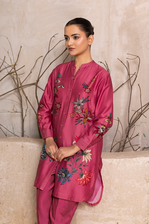 Old Rose Silk Chanderi Printed Shirt Style Tunic (1 PC)