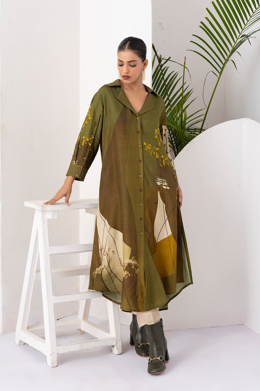 Moss Green Shaded Viscose Dupion Printed Dress (1 PC)