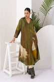 Moss Green Shaded Viscose Dupion Printed Dress (1 PC)