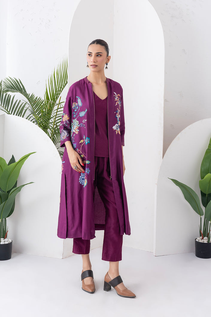 Wine Silk Chanderi Floral Printed Front Open Dress (1 PC)