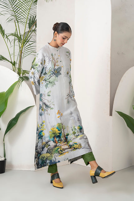 Grey Silk Chanderi Painterly Landscape Printed Tunic (1 PC)